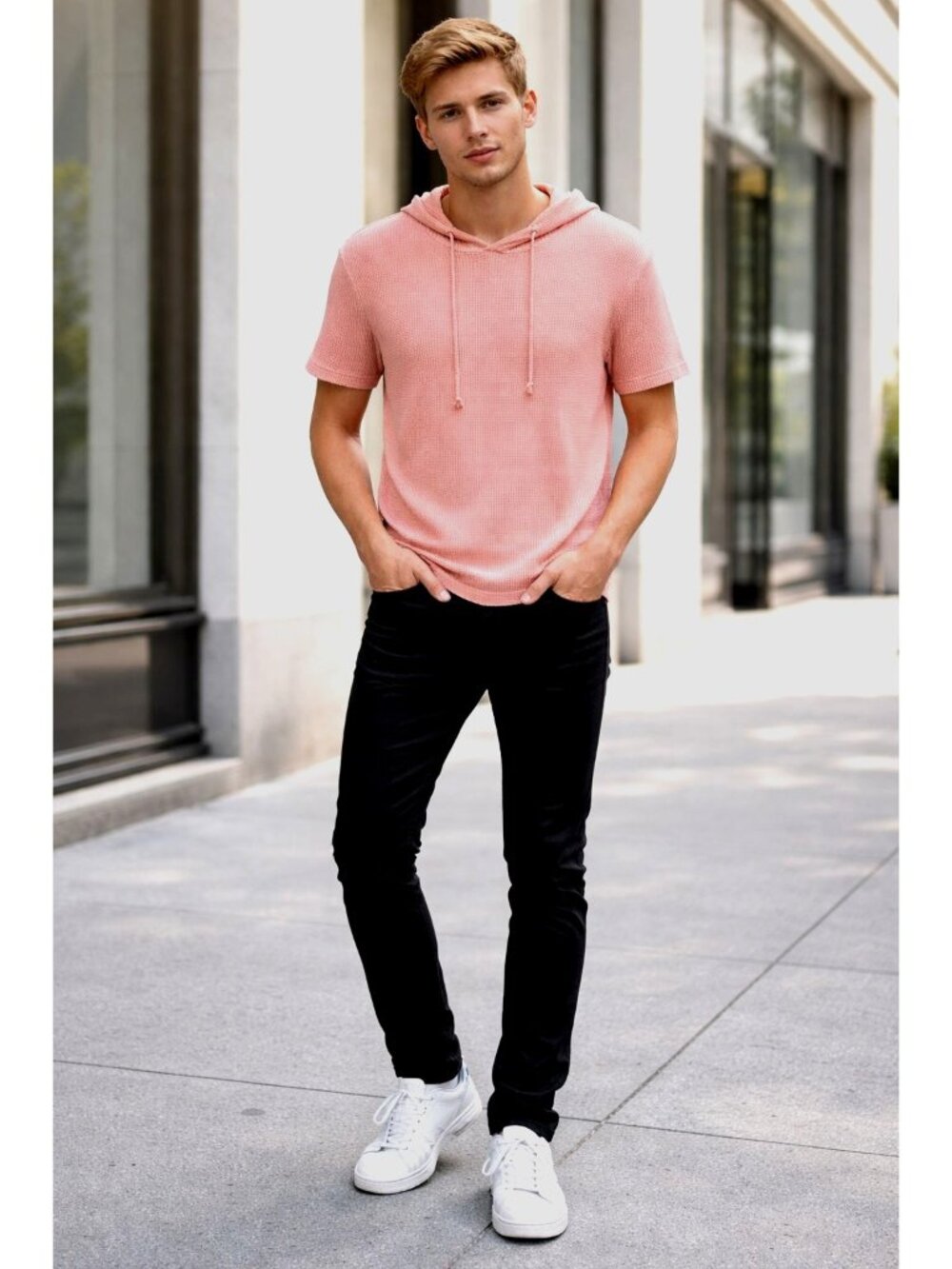 Forever 21 Men Large Pink Waffle Knit Short Sleeve Hooded Tee Casual Resort Soft
